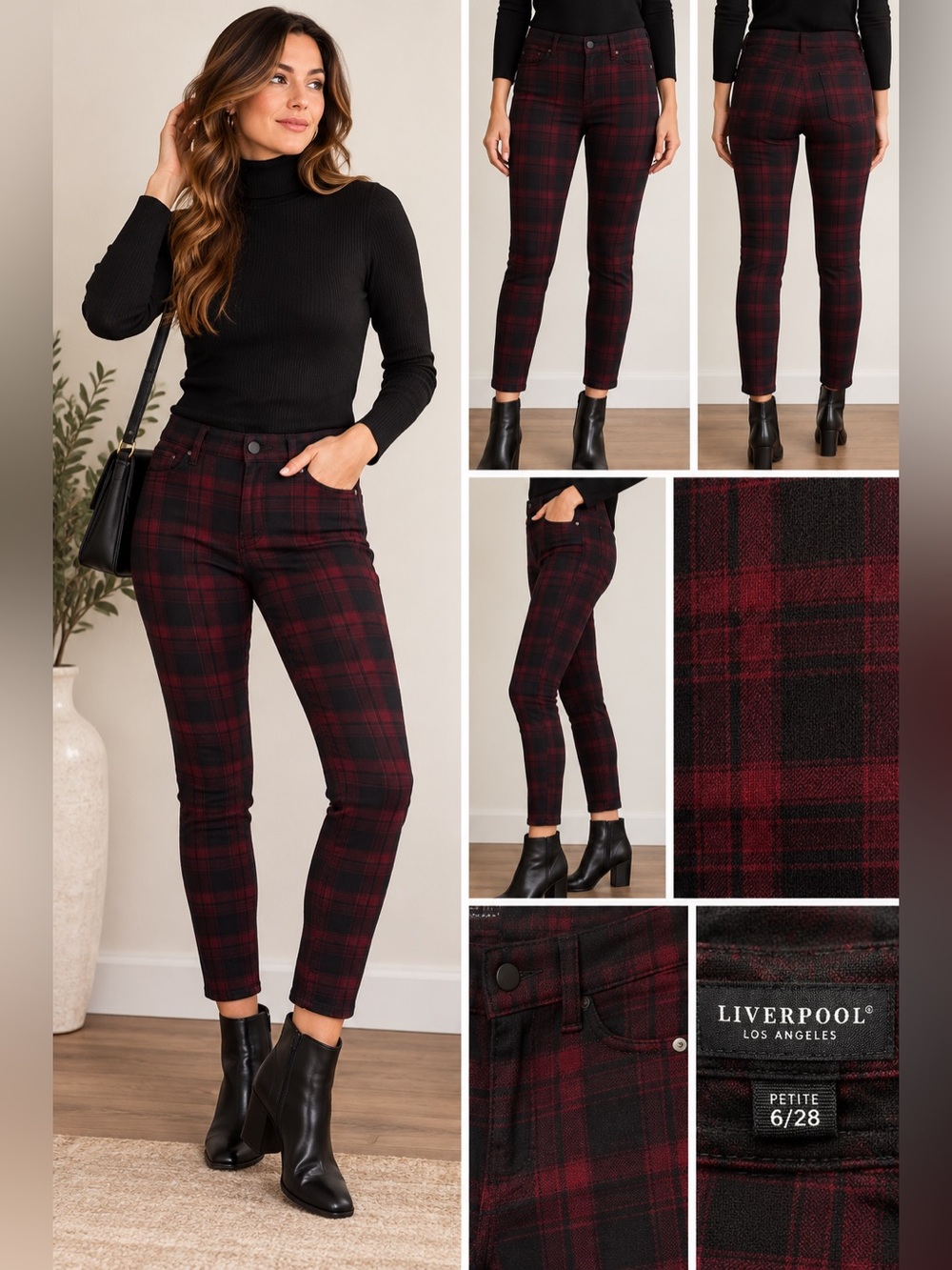Liverpool Los Angeles Plaid Skinny Ankle Pants Red Black 28P NWOT